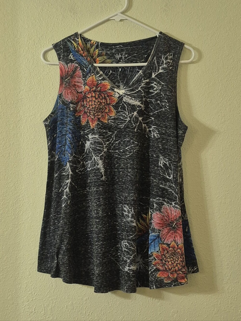 Style & Co. Black Floral Sleeveless Tank with Pink and Orange Blooms
